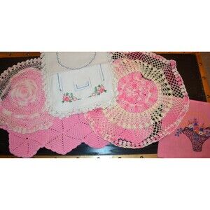 Vintage Doily Pink Cottage Rose Crochet Shabby Chic Collection of Five